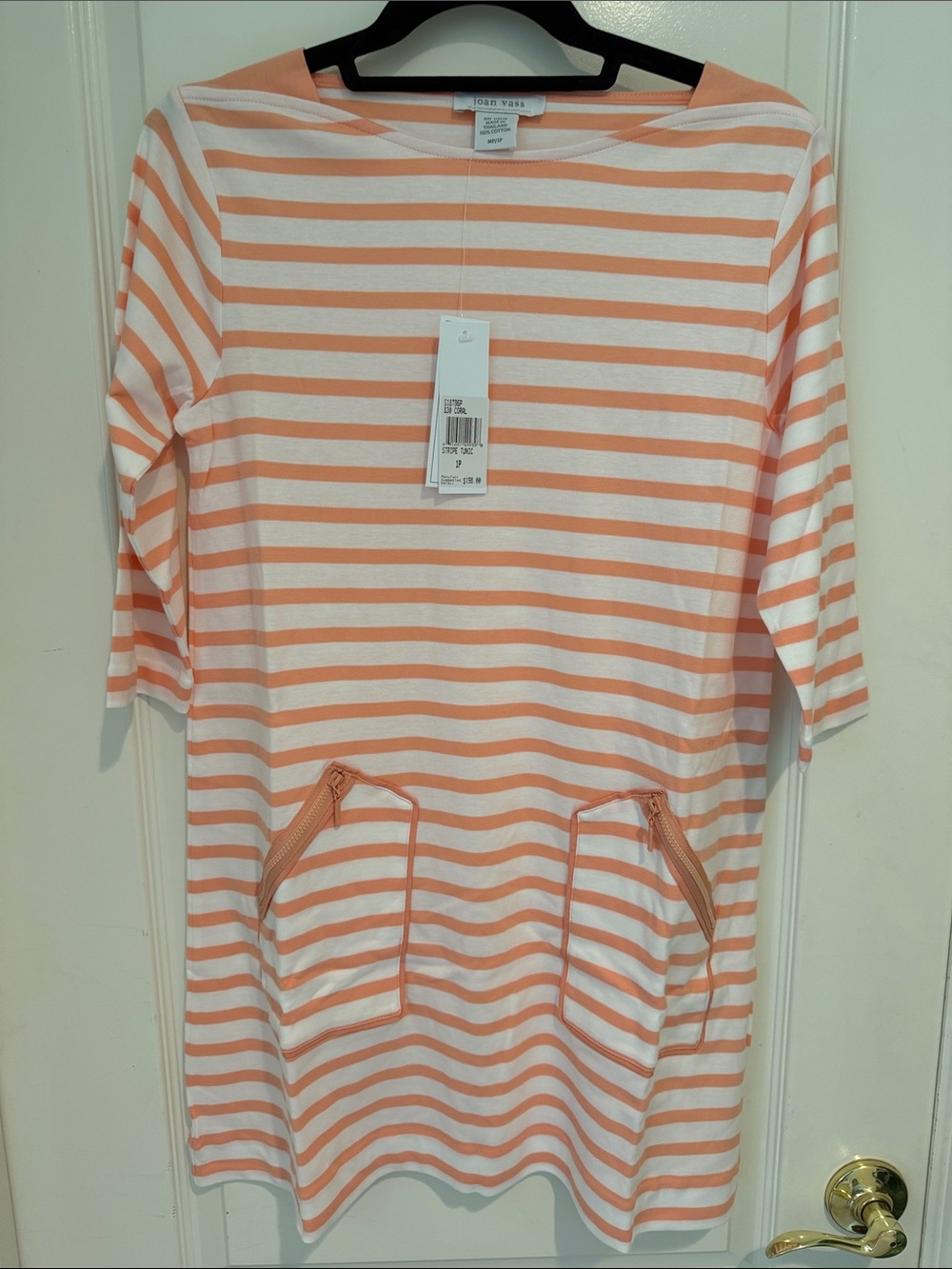 Joan Vass Coral and White Striped Knit Tunic Zipper Pockets 3/4 Inch Sleeves